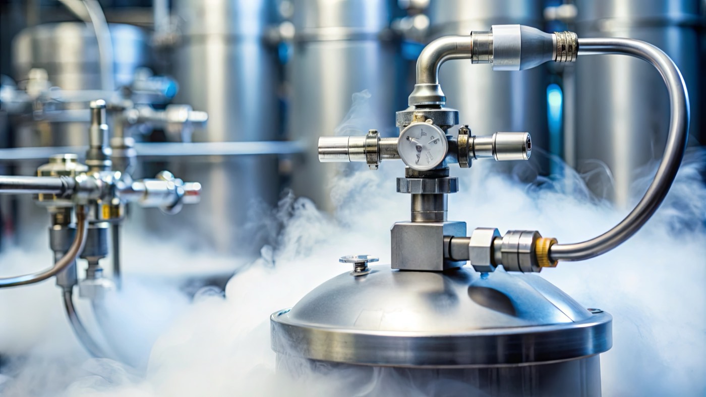Cryogenic manifold and dewar head under liquid nitrogen vapor at the Cryosek facility