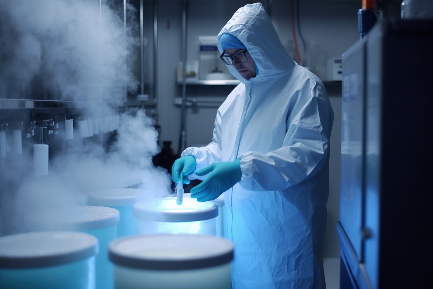 Cryosek technician withdrawing a vitrified sample from a liquid nitrogen dewar
